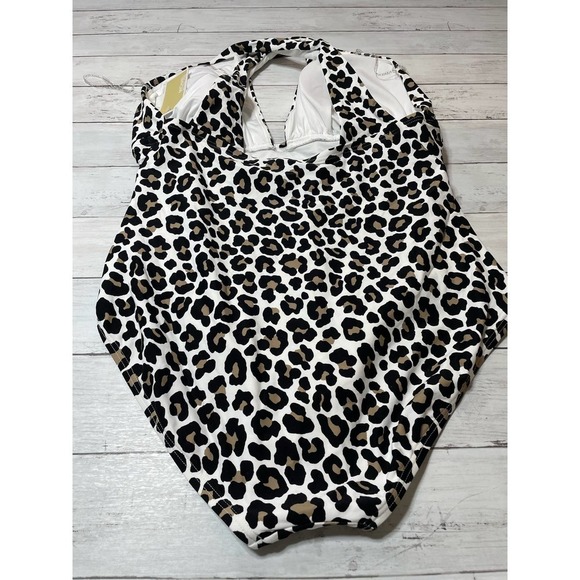 MICHAEL Kors Plus Size Shirred Cross Front One Piece Swimsuit Leopard 18W - Picture 7 of 11